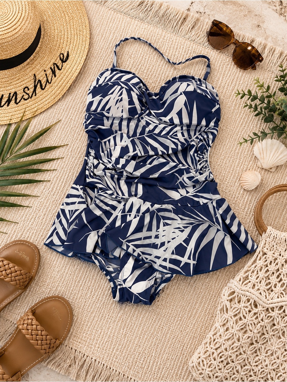 Sea & Sand Beachwear Blue Tropical Swimdress One Piece Size 16 Tummy Control